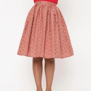 Unique Vintage Red Plaid & Hearts Gellar Swing Skirt - Size M/6-8